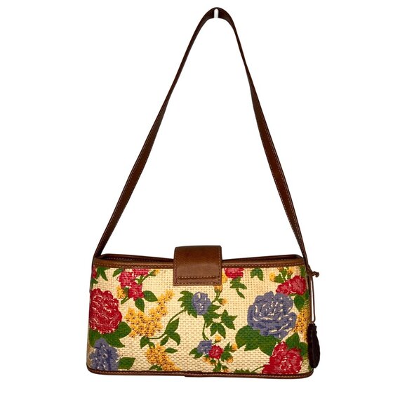 VTG Liz Claiborne Woven Floral Straw Shoulder Bag Leather Trim Pineapple Charm - Picture 2 of 16